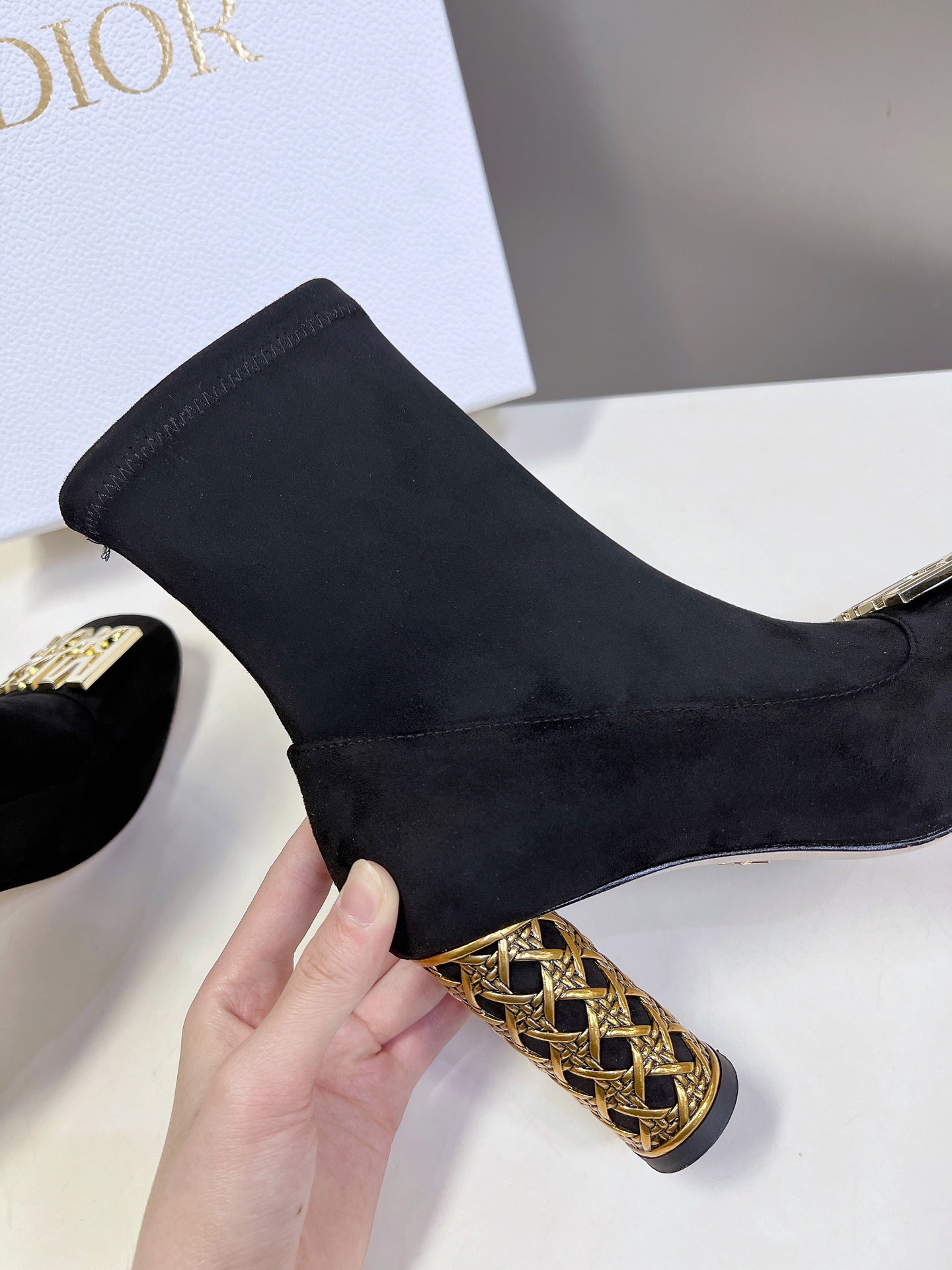 ICON HEELED ANKLE BOOT BLACK SUEDE 8 CM WITH GOLD LOGO