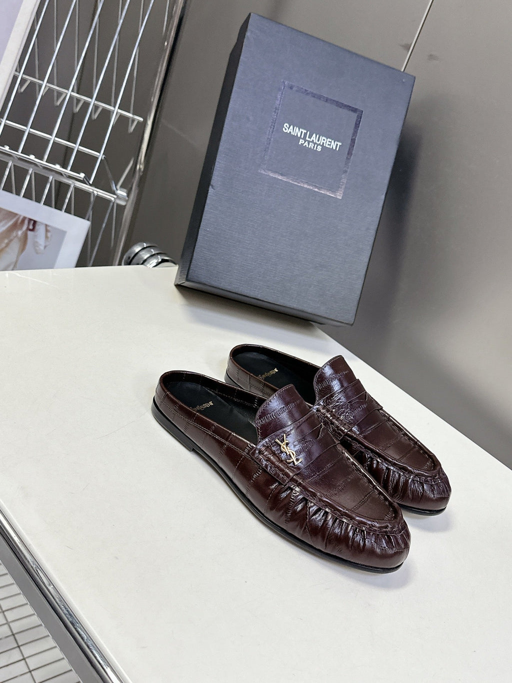 YSL 25S LOAFER MULE IN DARK BROWN CALFSKIN