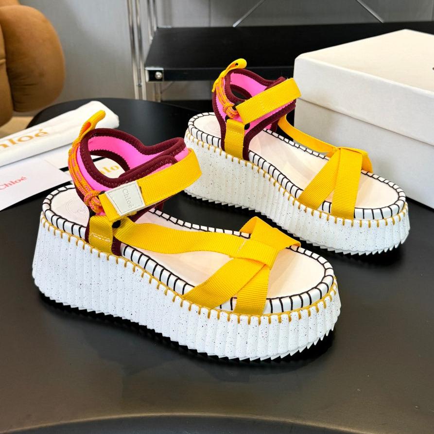 NAMA WEDGE SANDALS IN BRIGHT YELLOW FABRIC AND WHITE RUBBER