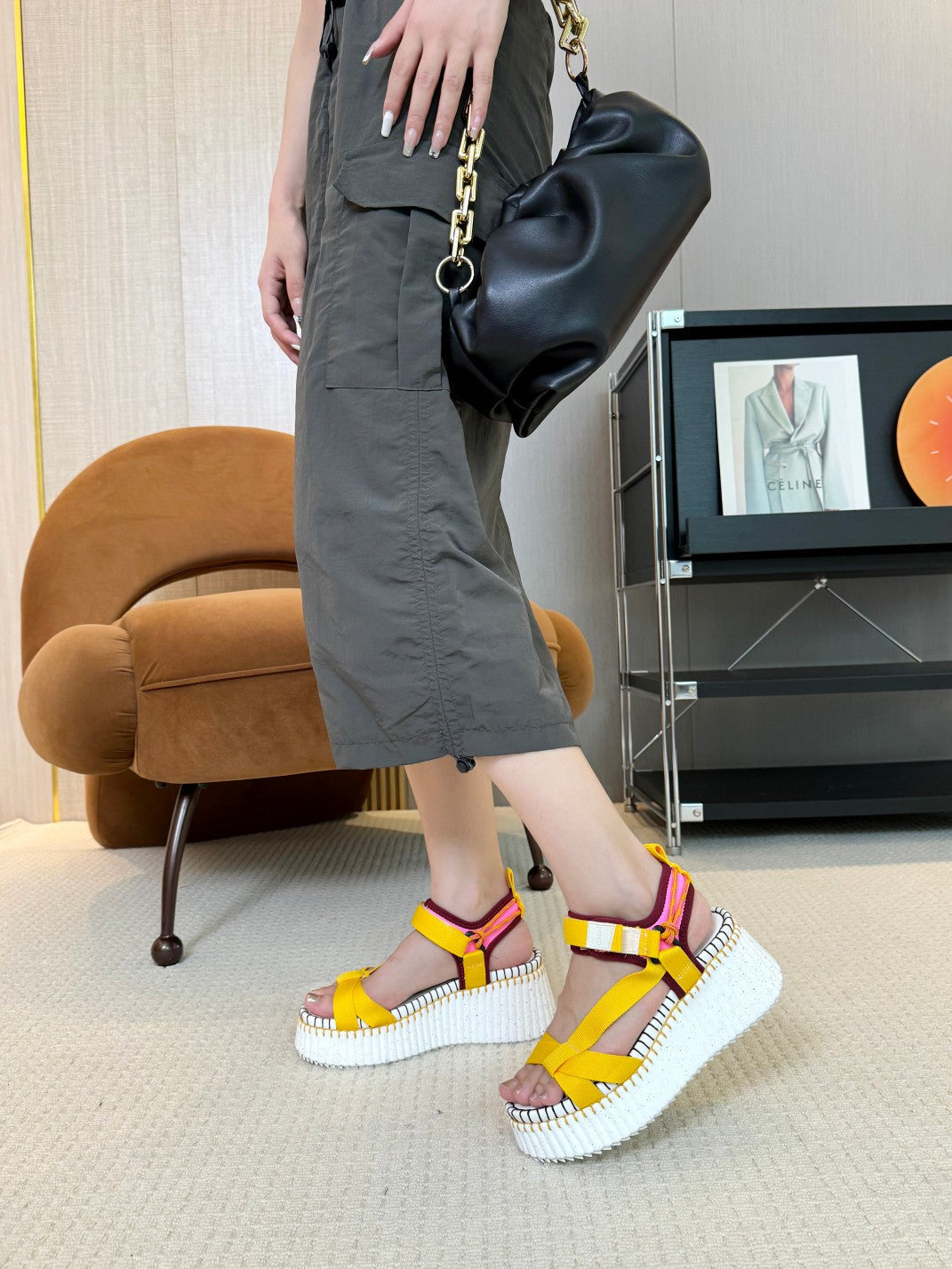 CHLOÉ NAMA WEDGE SANDALS IN BRIGHT YELLOW FABRIC AND WHITE RUBBER