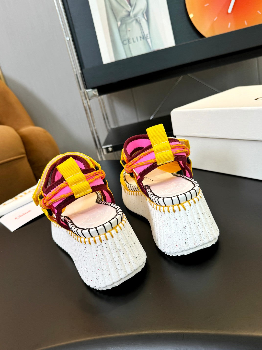 NAMA WEDGE SANDALS IN BRIGHT YELLOW FABRIC AND WHITE RUBBER