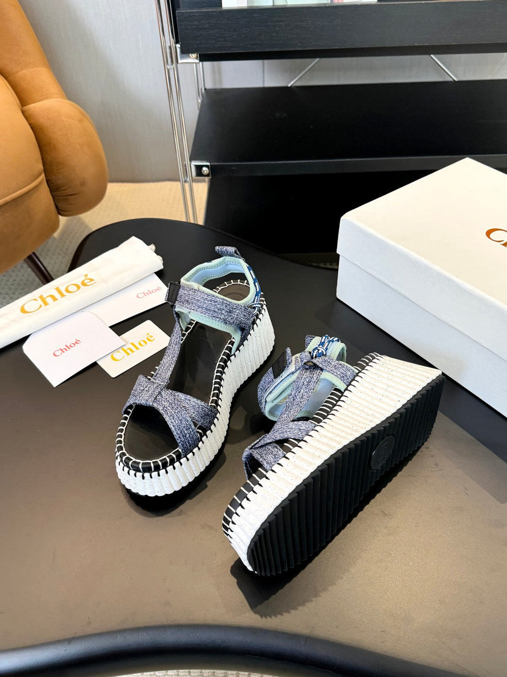 CHLOÉ NAMA WEDGE SANDALS IN GREY FABRIC AND WHITE RUBBER