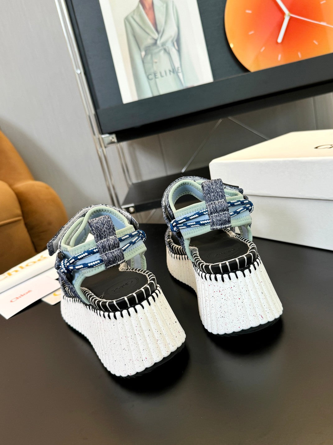 NAMA WEDGE SANDALS IN GREY FABRIC AND WHITE RUBBER