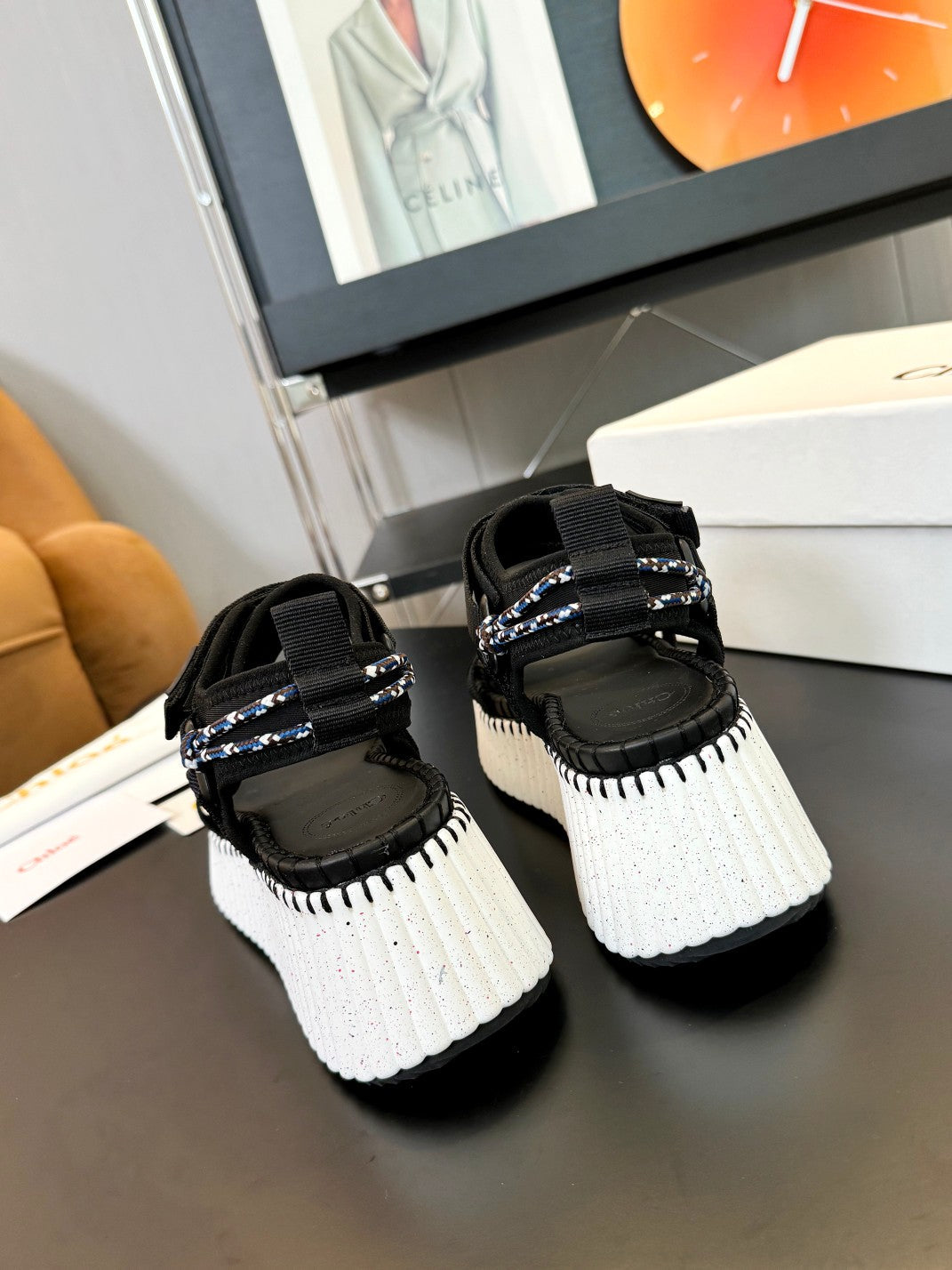 NAMA WEDGE SANDALS IN BLACK FABRIC AND WHITE RUBBER