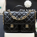 DOUBLE POCKETS FLAP BAG TOP HANDLE 24 IN BLACK LAMBSKIN GOLD HARDWARE