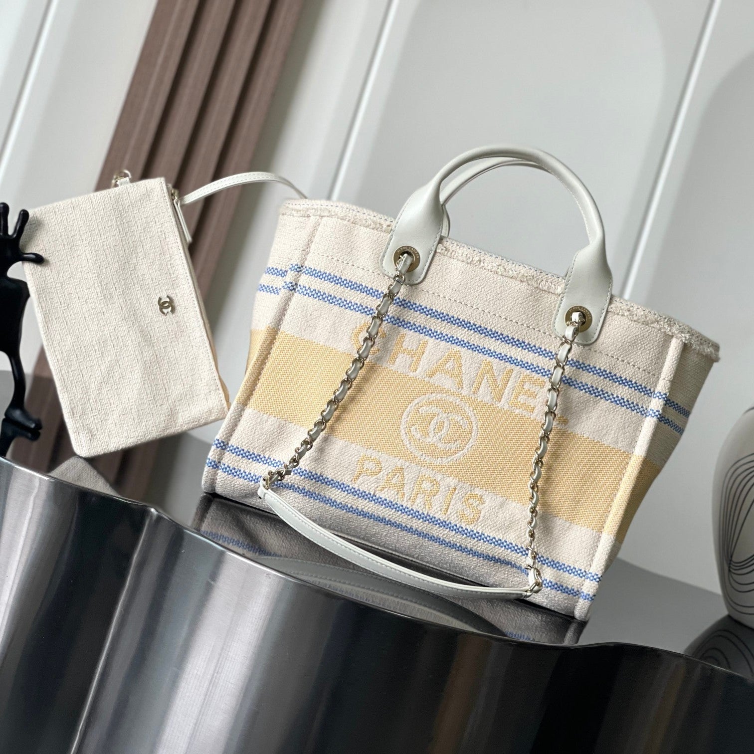 CHANEL 25S SHOPPING BAG 35 IN CREAM WHITE AND YELLOW CANVAS