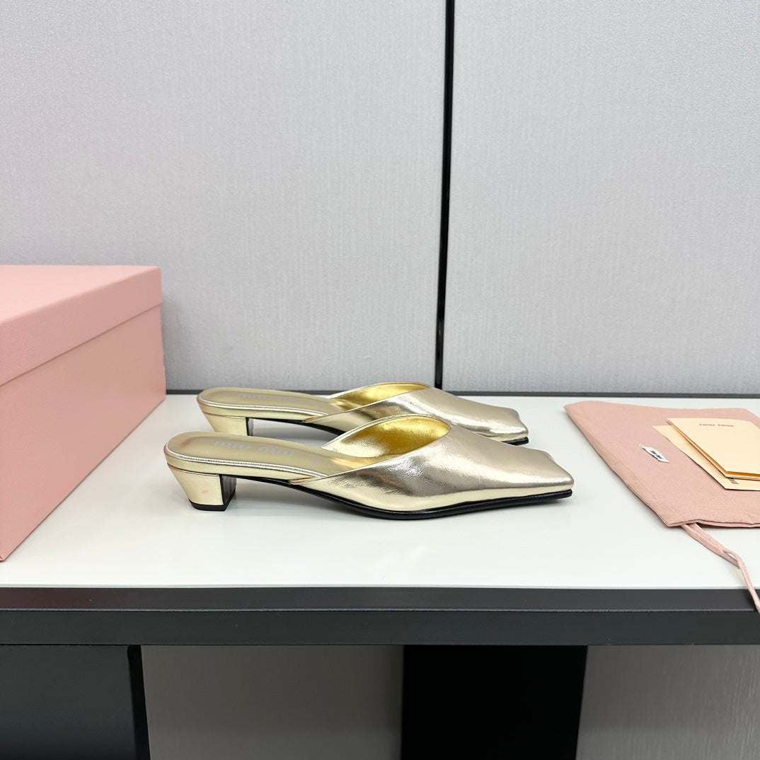 SQUARE TOE MULES METALLIC GOLD SHEEPSKIN