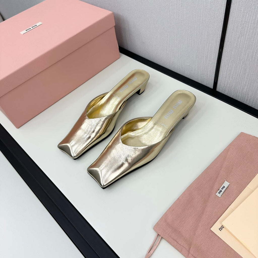SQUARE TOE MULES METALLIC GOLD SHEEPSKIN