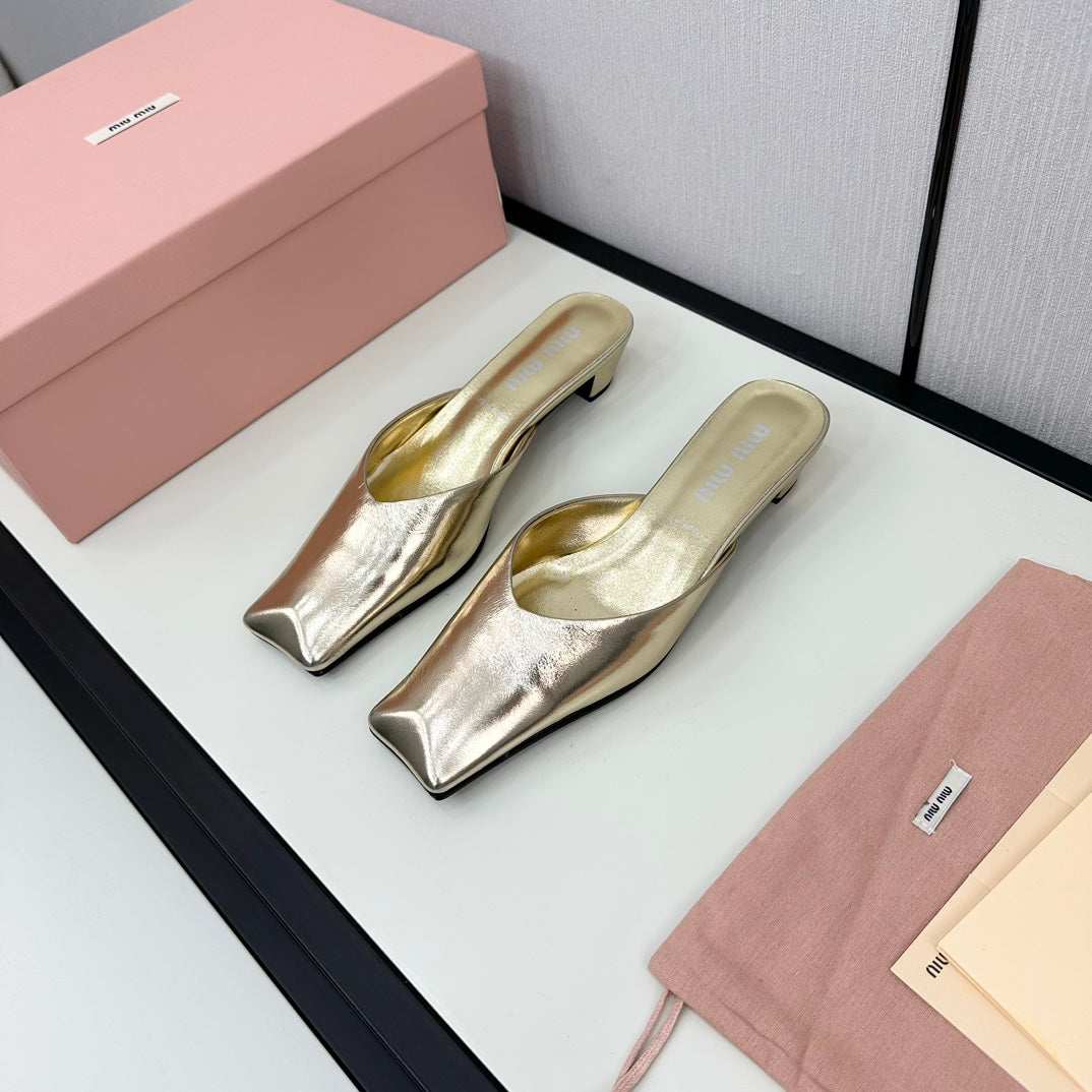 SQUARE TOE MULES METALLIC GOLD SHEEPSKIN