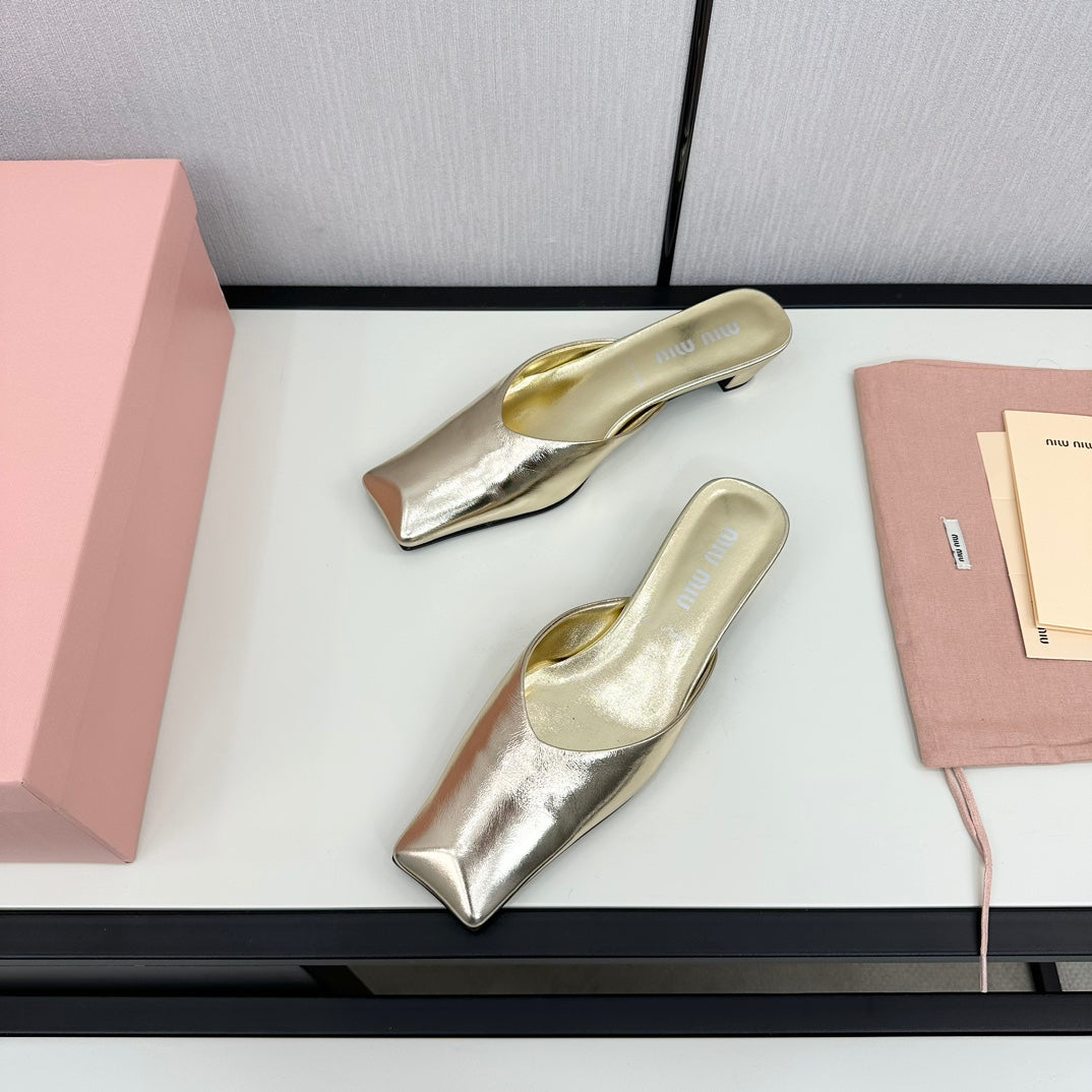 SQUARE TOE MULES METALLIC GOLD SHEEPSKIN