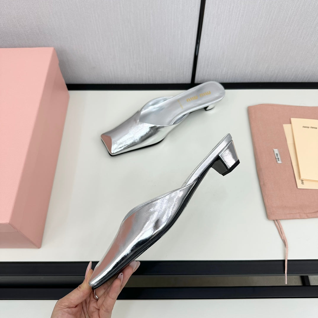 SQUARE TOE MULES SILVER SHEEPSKIN