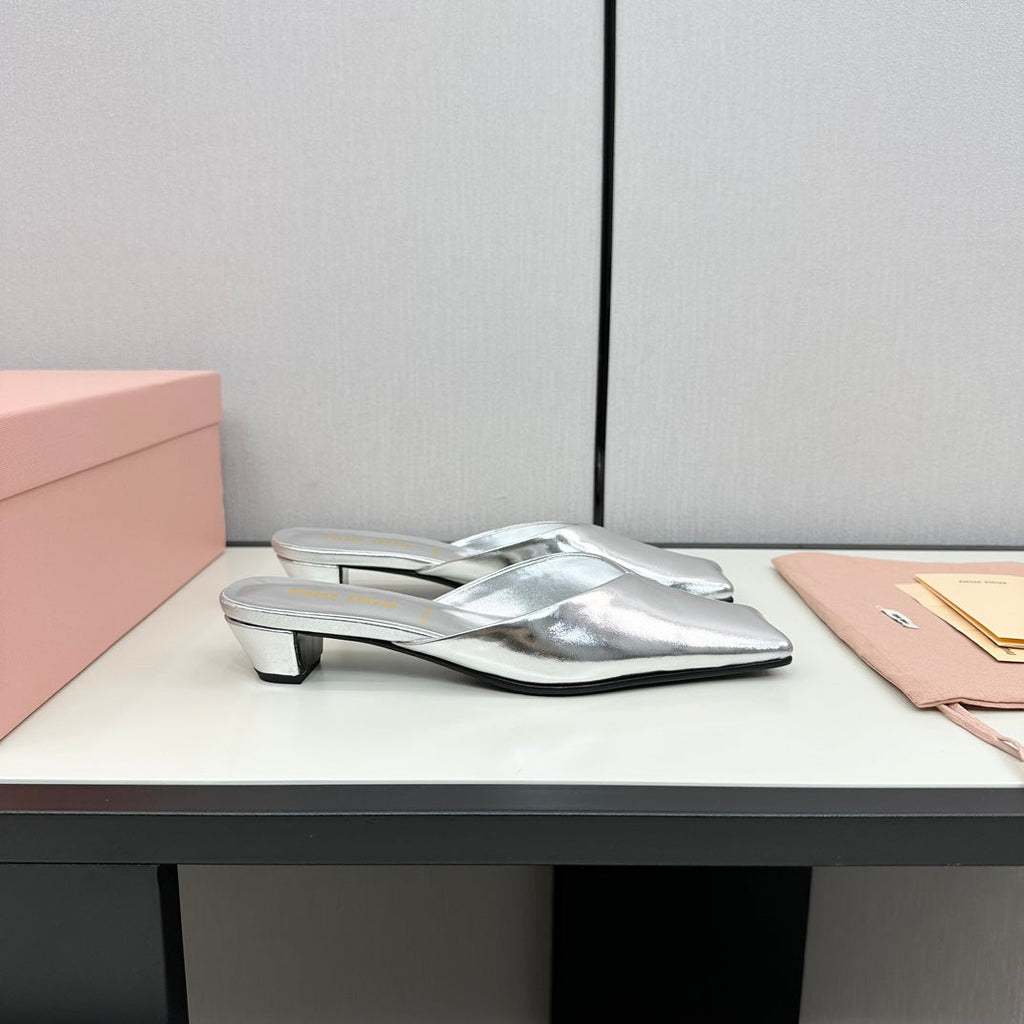 SQUARE TOE MULES SILVER SHEEPSKIN