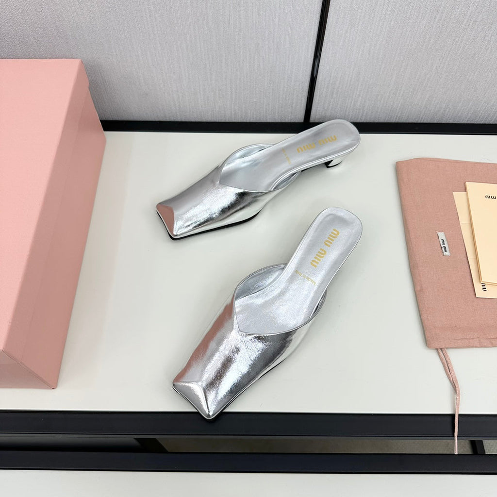 SQUARE TOE MULES SILVER SHEEPSKIN