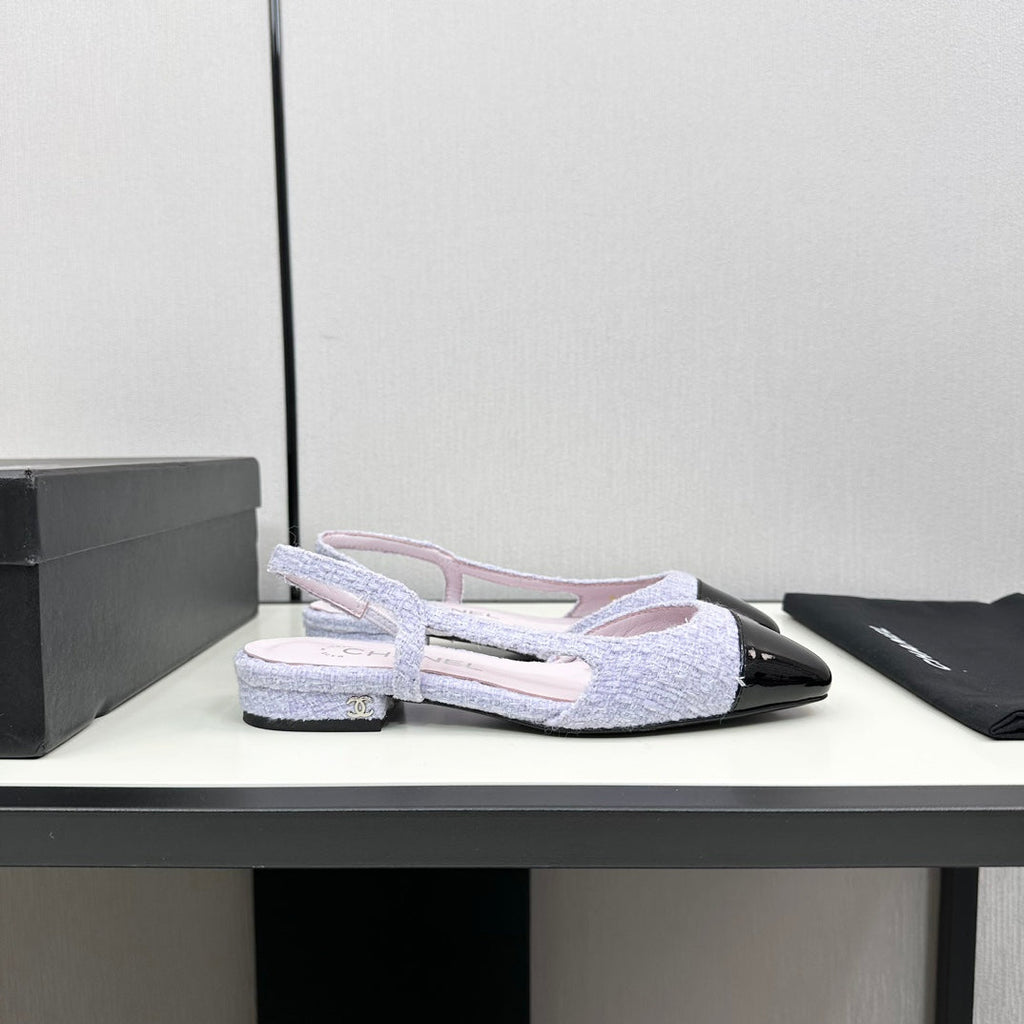 SLINGBACK LIGHT BLUE TWEED AND BLACK CALFSKIN