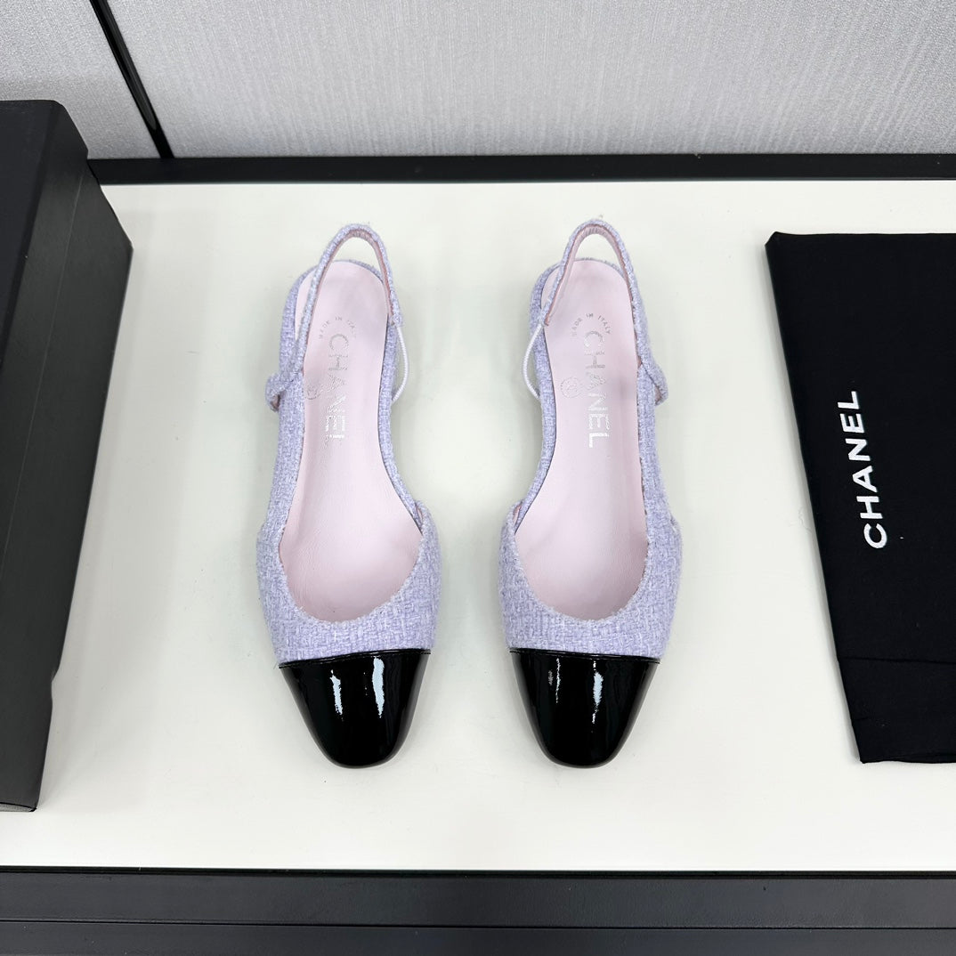 SLINGBACK LIGHT BLUE TWEED AND BLACK CALFSKIN