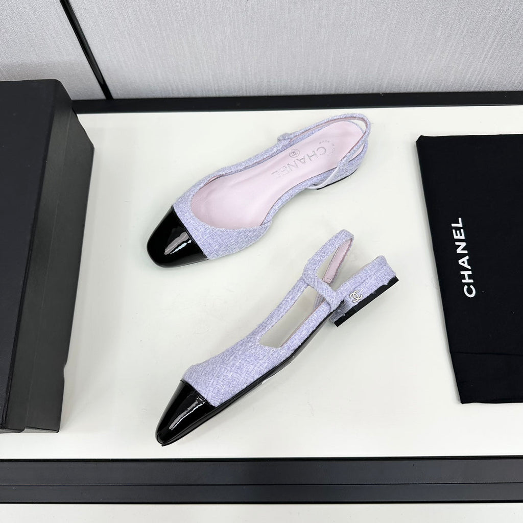 SLINGBACK LIGHT BLUE TWEED AND BLACK CALFSKIN