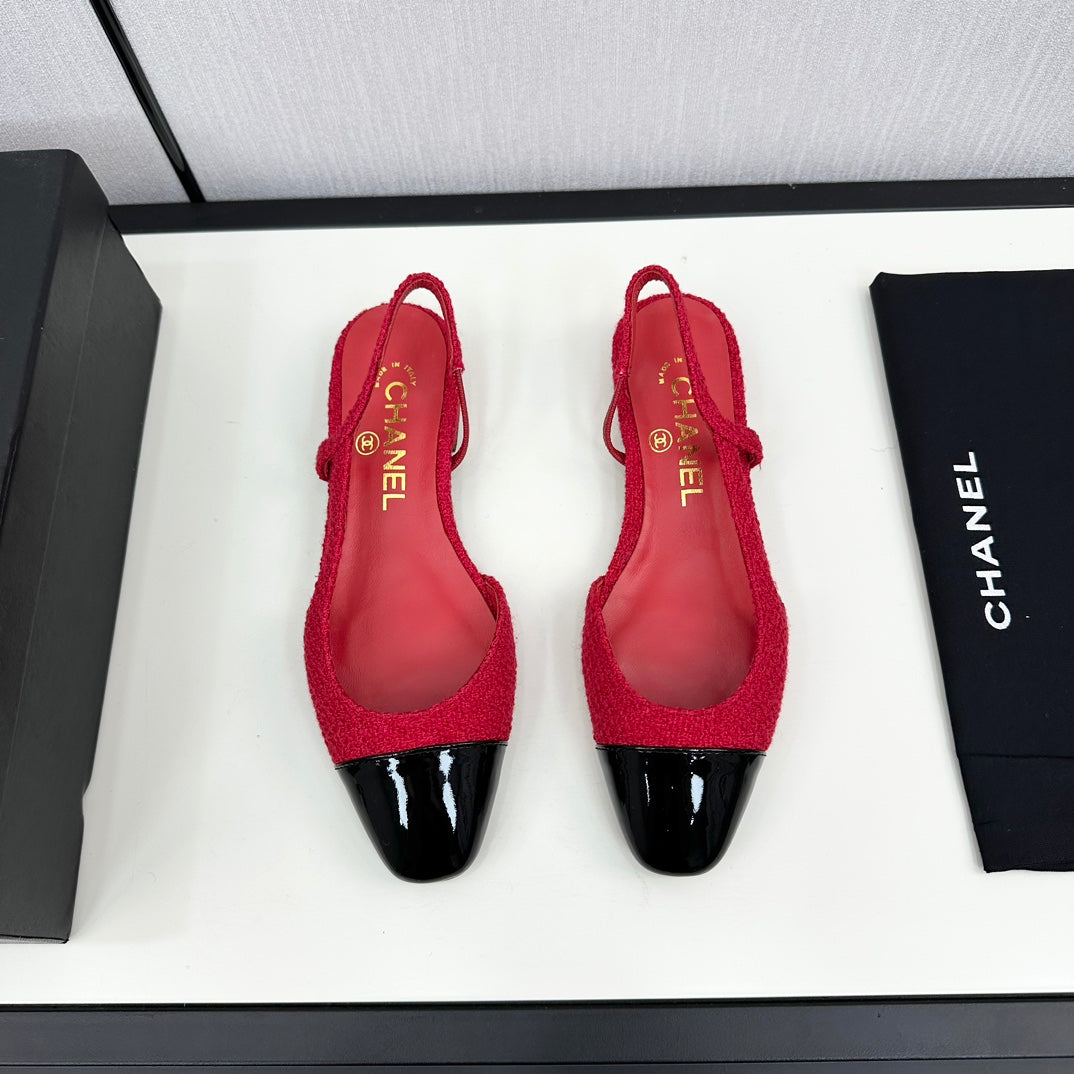 SLINGBACK ROSE RED TWEED AND BLACK CALFSKIN