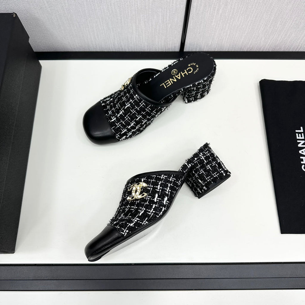 CC HIGH MULE IN BLACK MIX WHITE WOOL TWEED AND CALFSKIN