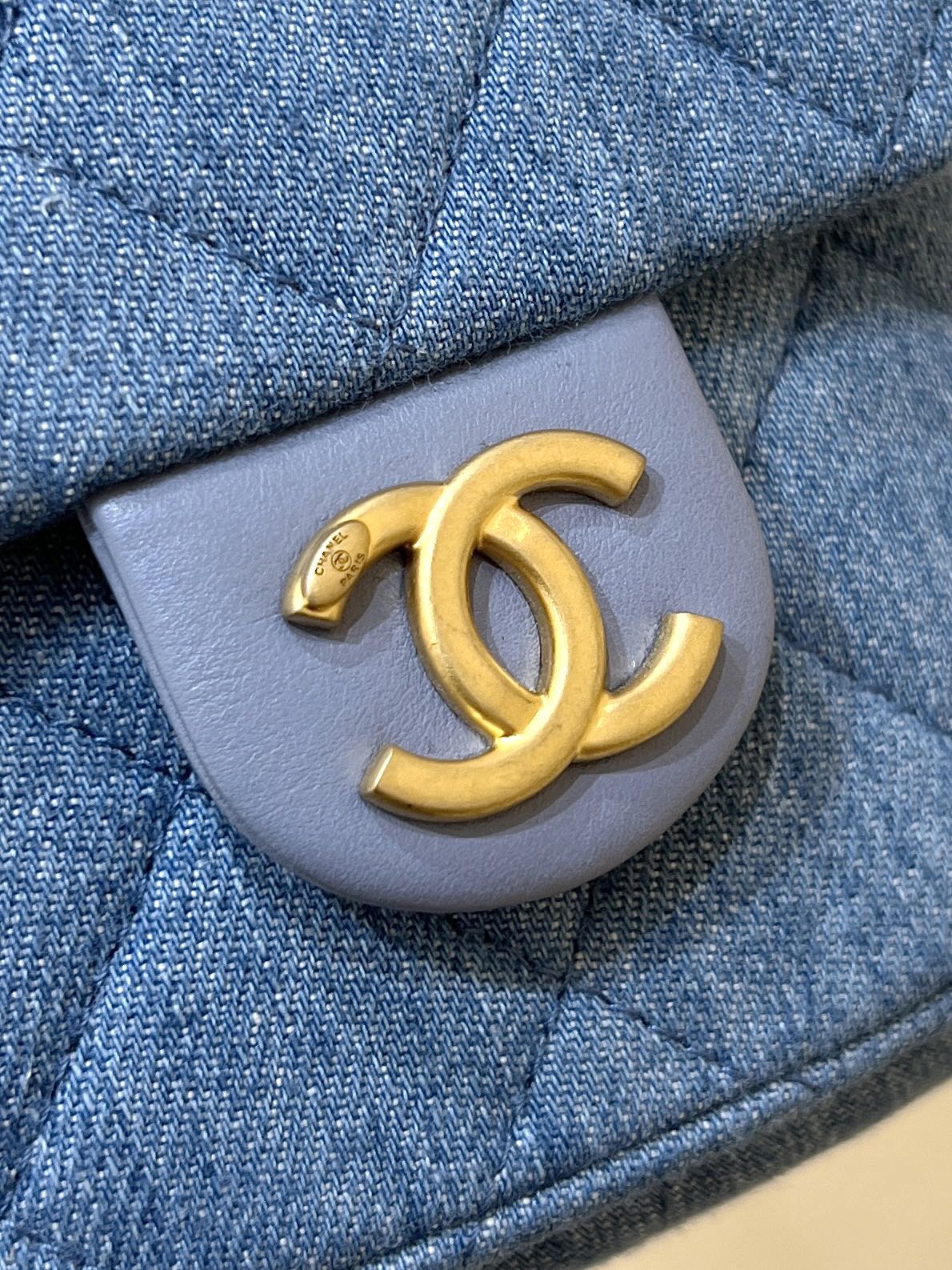 DRAWSTRING BUCKET BACKPACK 24 IN MALIBU BLUE DENIM GOLD HARDWARE