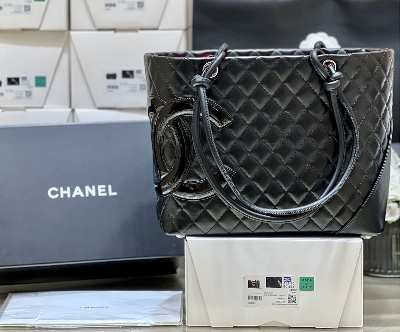 CHANEL 25S CAMBON LIGNE TOTE BAG 30 IN BLACK LAMBSKIN