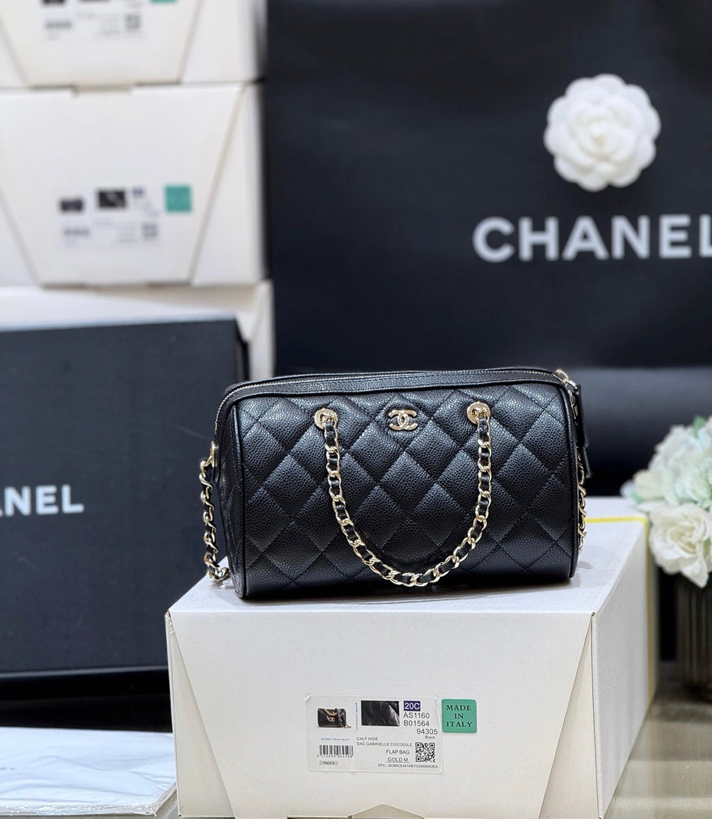 CHANEL 25S MINI BOWLING BAG 18 IN BLACK CALFSKIN GOLD HARDWARE