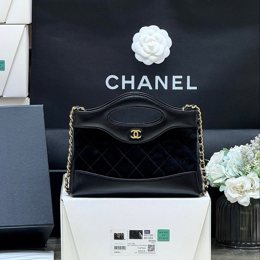 25S CHANEL MINI SHOPPING BAG 20 IN BLACK SUEDE CALFSKIN
