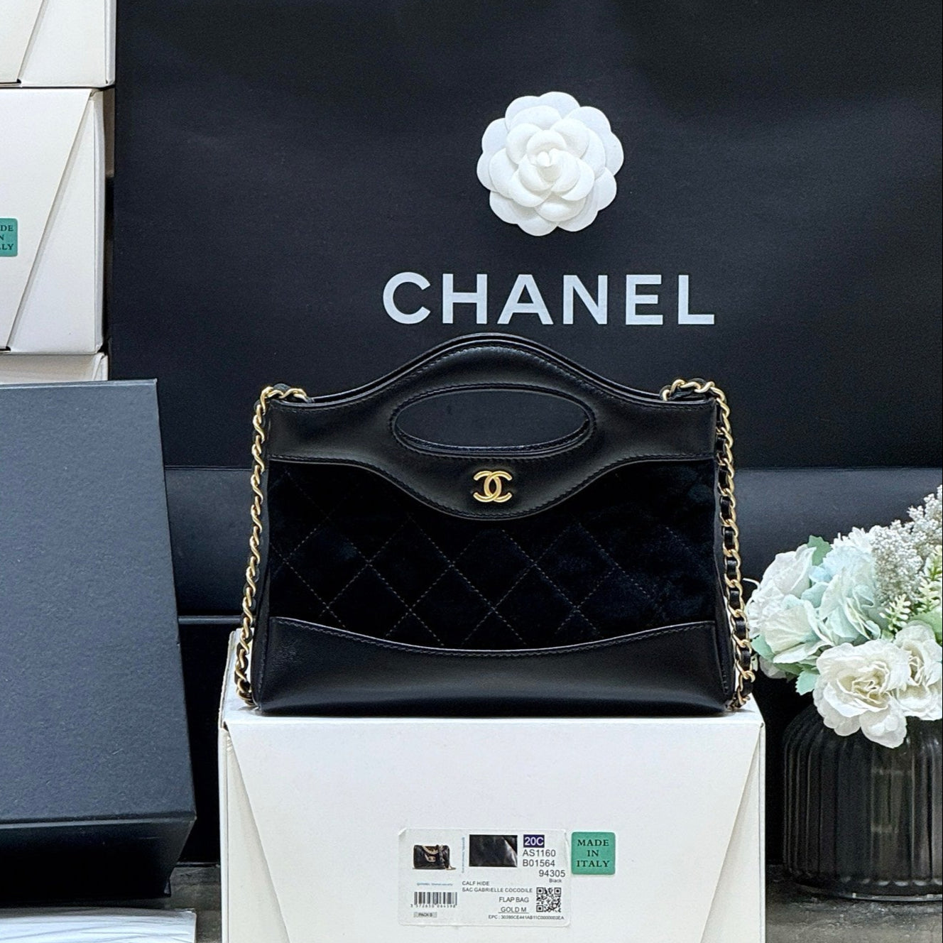 25S CHANEL MINI SHOPPING BAG 20 IN BLACK SUEDE CALFSKIN