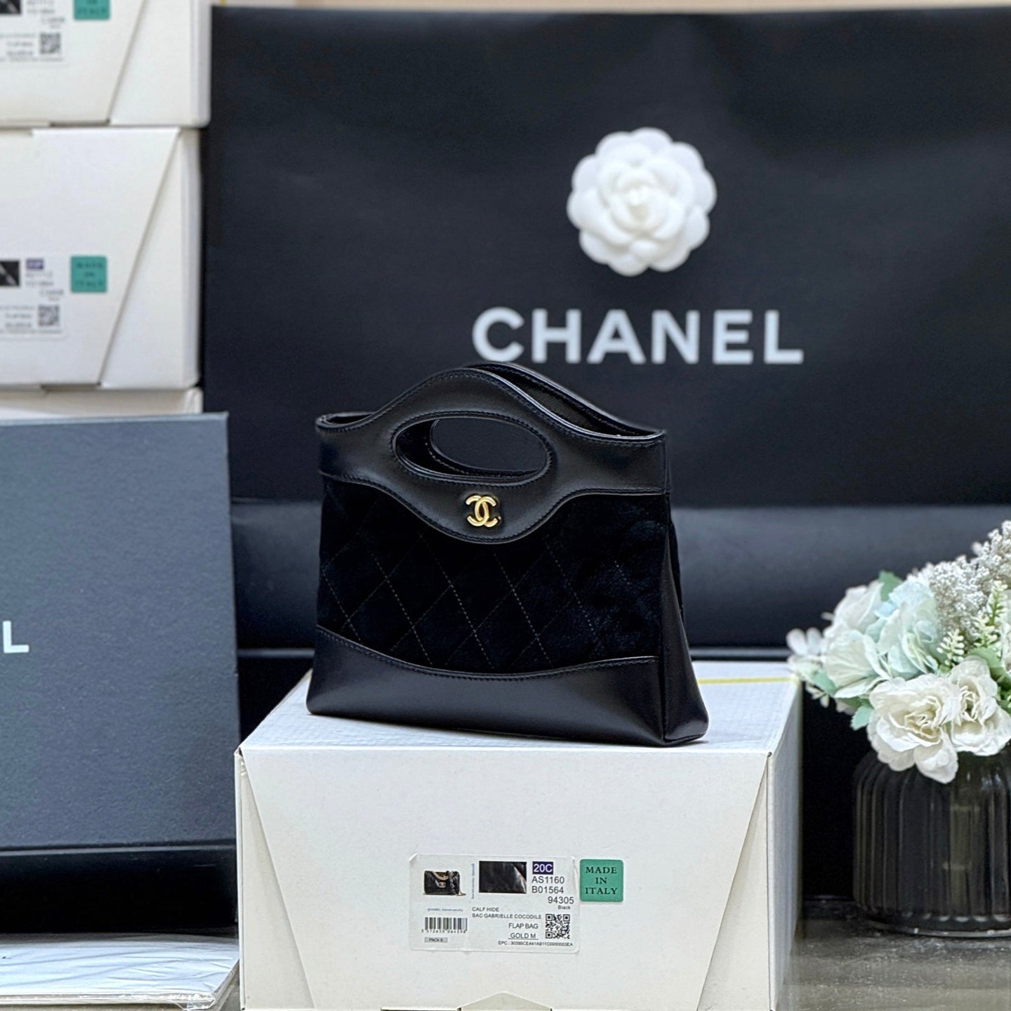 25S CHANEL MINI SHOPPING BAG 20 IN BLACK SUEDE CALFSKIN