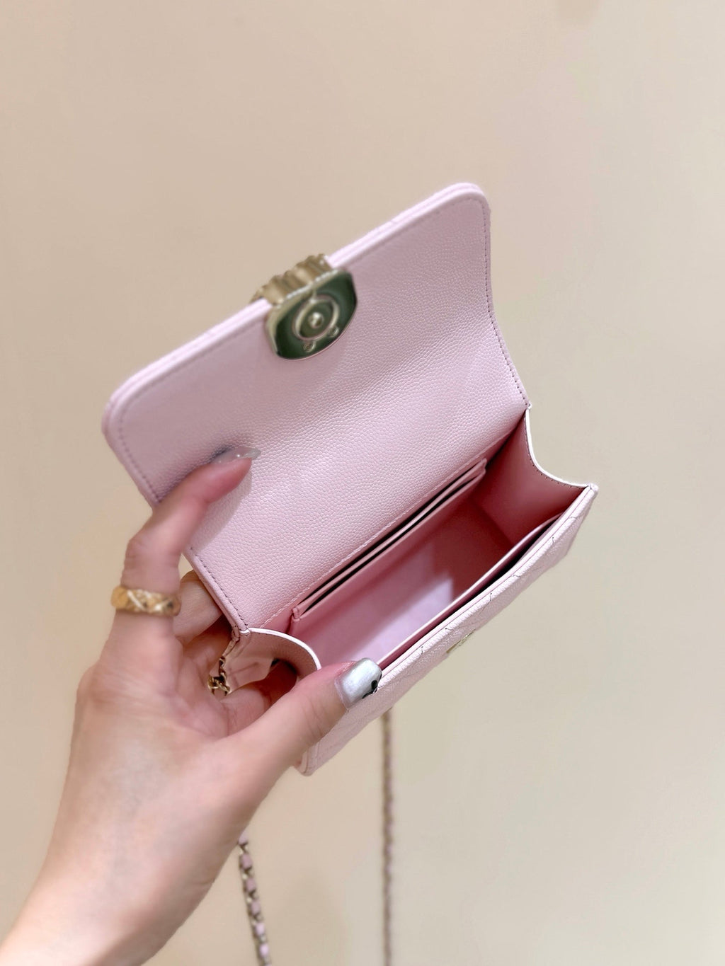 QUILTED MINI FLAP BAG WITH HANDLE 14 IN BABY PINK LAMBSKIN GOLD PLATED METAL