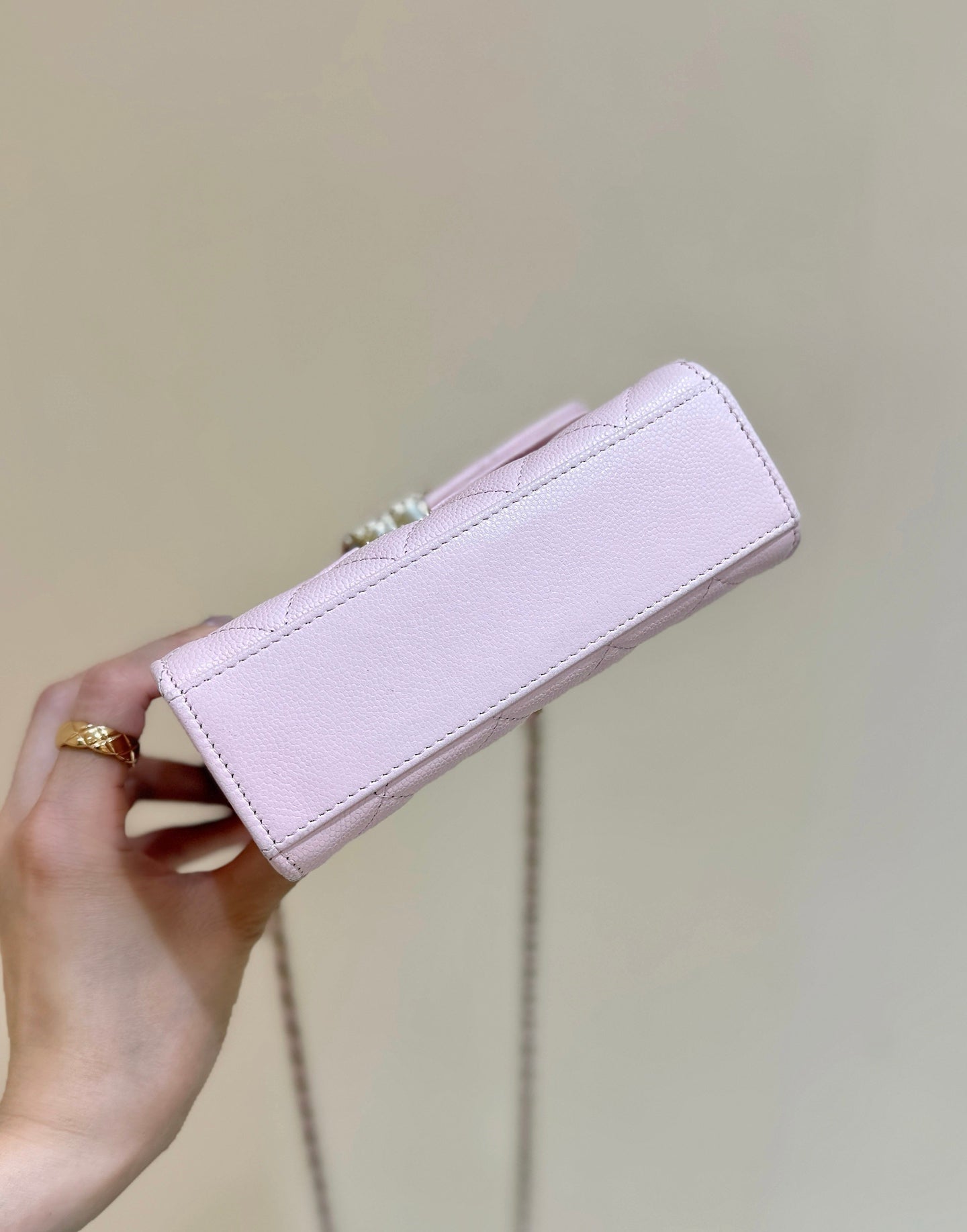 QUILTED MINI FLAP BAG WITH HANDLE 14 IN BABY PINK LAMBSKIN GOLD PLATED METAL