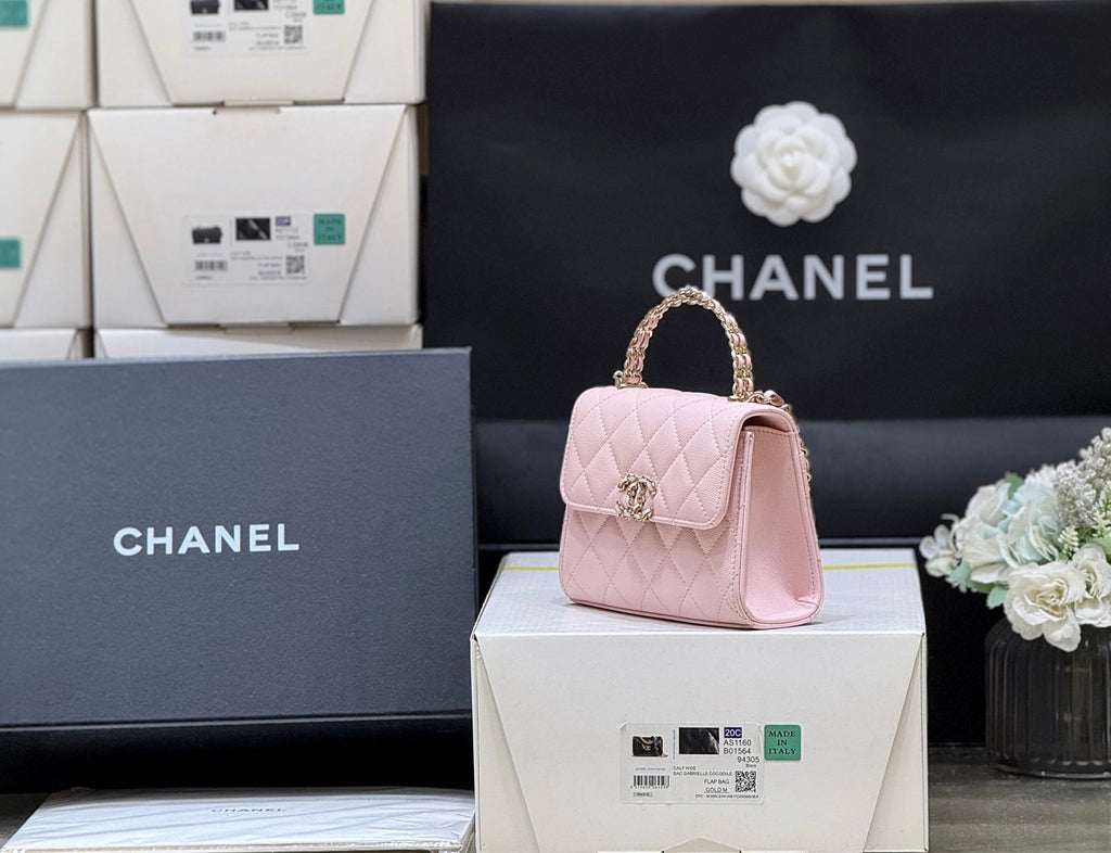 QUILTED MINI FLAP BAG WITH HANDLE 14 IN BABY PINK LAMBSKIN GOLD PLATED METAL