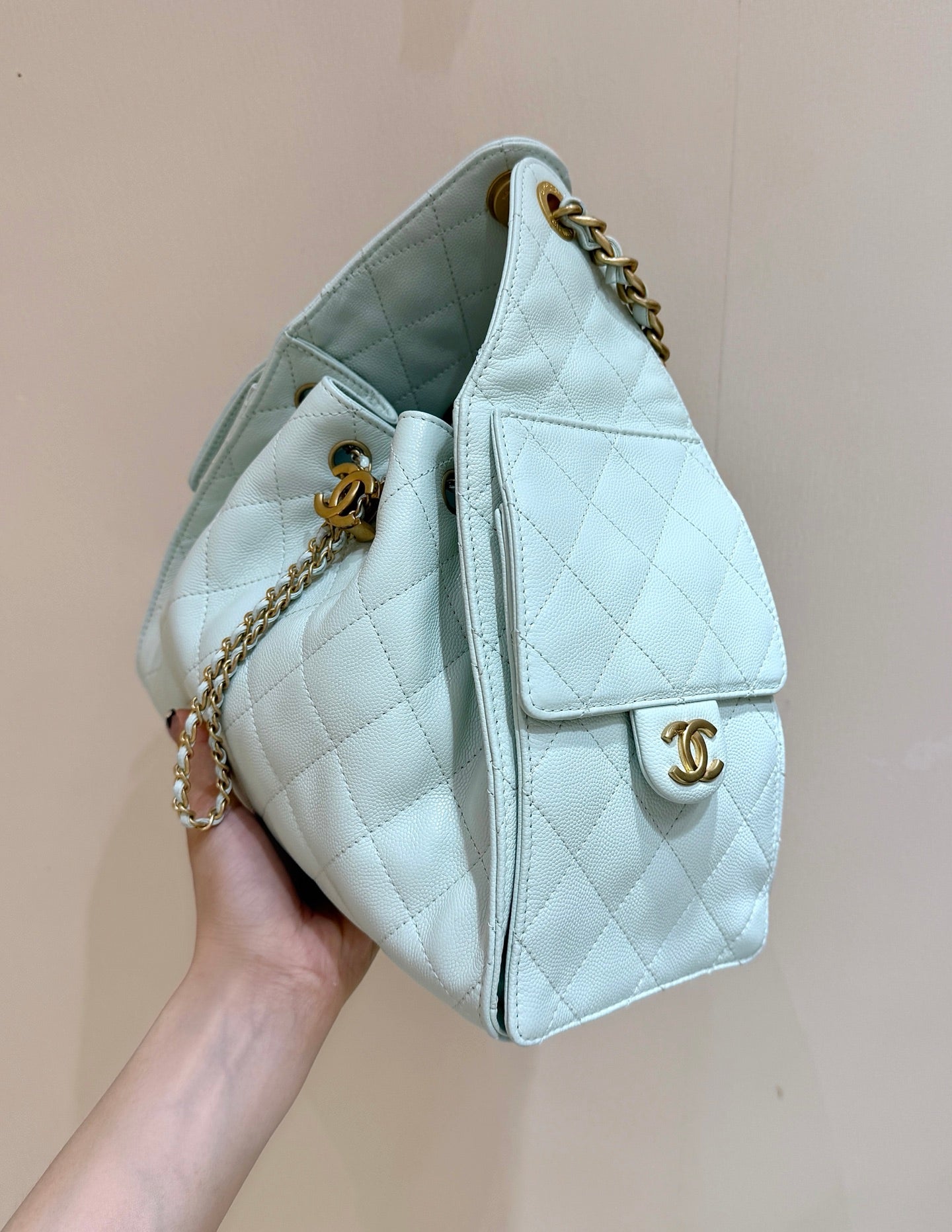 CHANEL 25S HANDBAG IN PALE CYAN 30 CALFSKIN GOLD HARDWARE