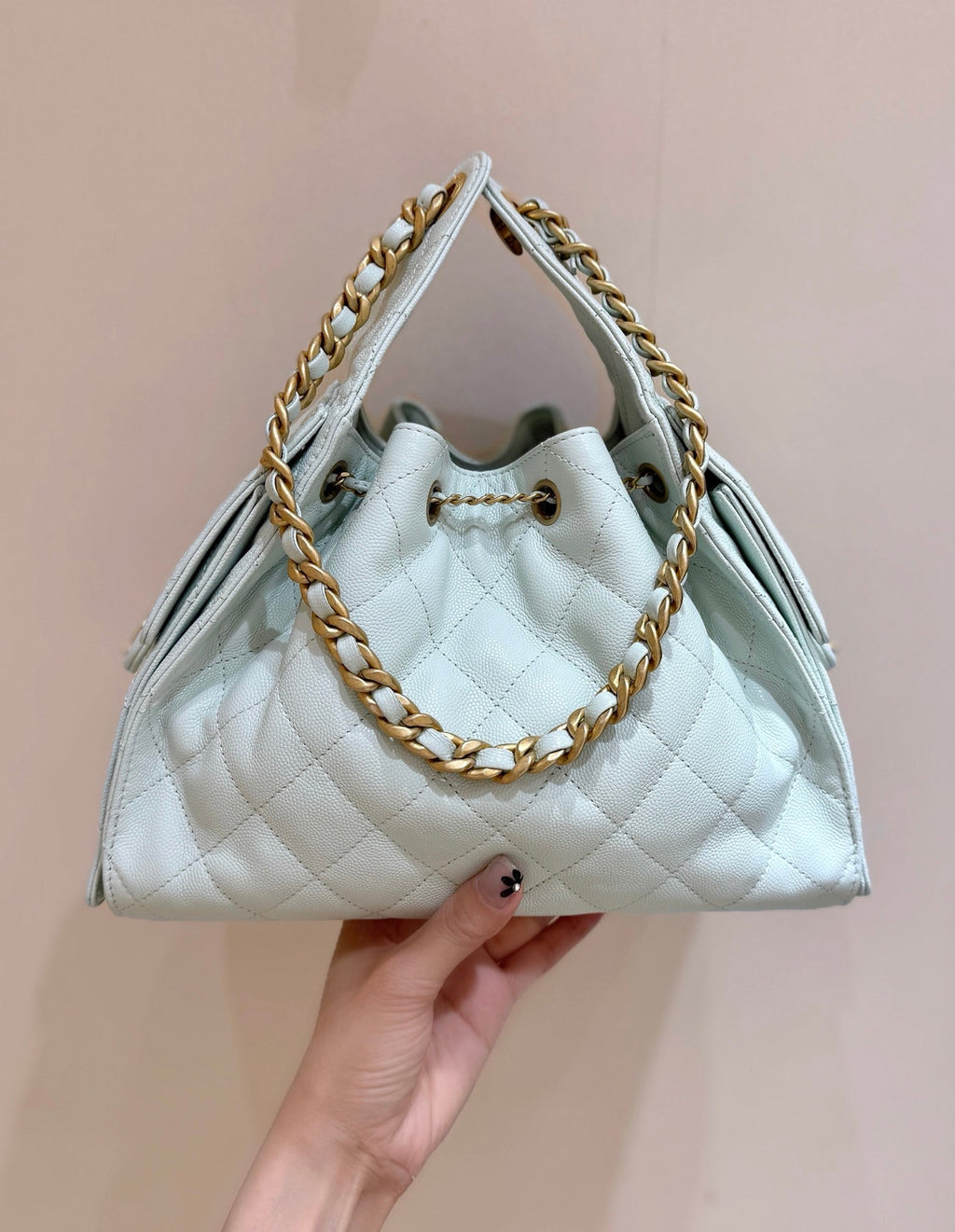 CHANEL 25S HANDBAG IN PALE CYAN 30 CALFSKIN GOLD HARDWARE