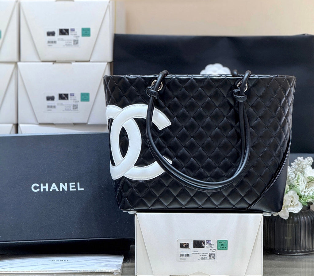 CHANEL 25S CAMBON LIGNE TOTE BAG 30 IN BLACK AND WHITE LAMBSKIN