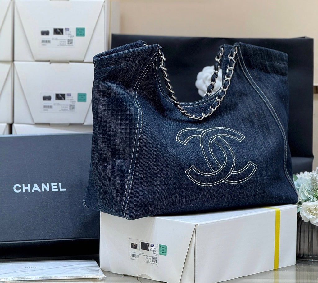 CHANEL 25S VINTEGA DENIM TOTE BAG 48 IN BLUE DENIM SILVER HARDWARE
