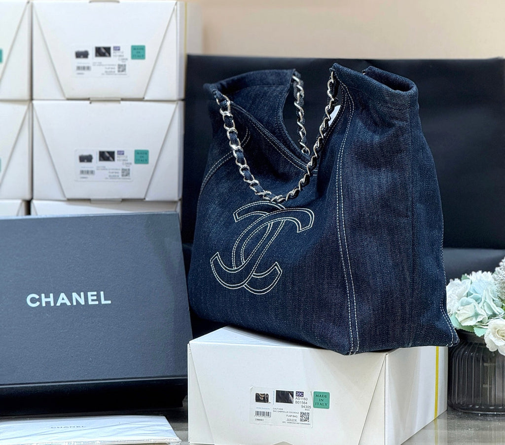 CHANEL 25S VINTEGA DENIM TOTE BAG 48 IN BLUE DENIM SILVER HARDWARE