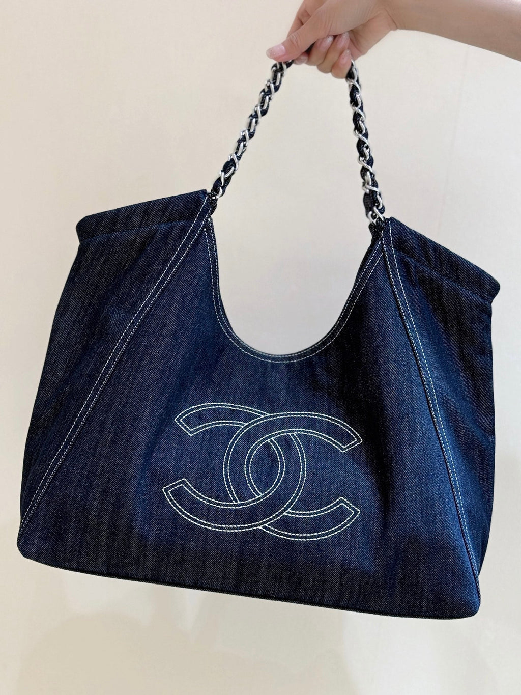 CHANEL 25S VINTEGA DENIM TOTE BAG 48 IN BLUE DENIM SILVER HARDWARE