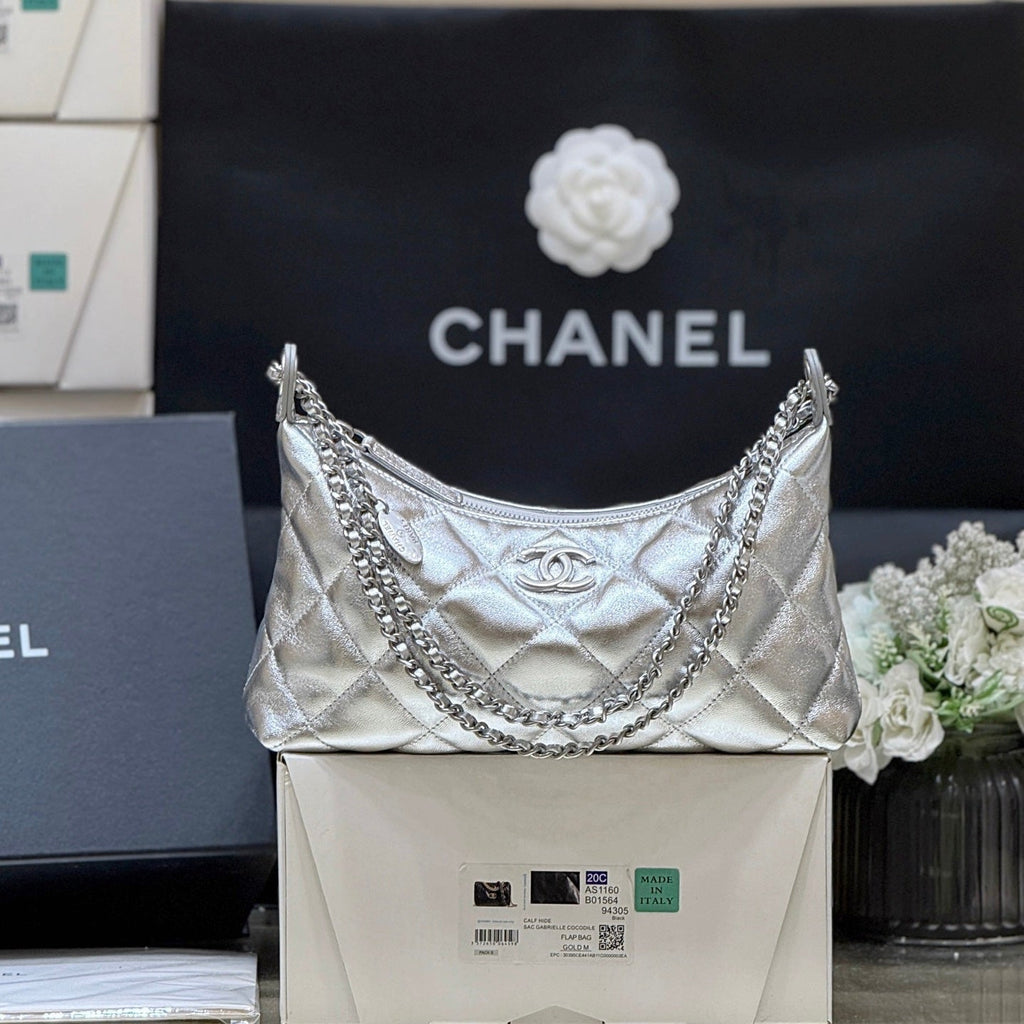 CHANEL 25S HOBO BAG KABELKA 26 IN SILVER CALFSKIN