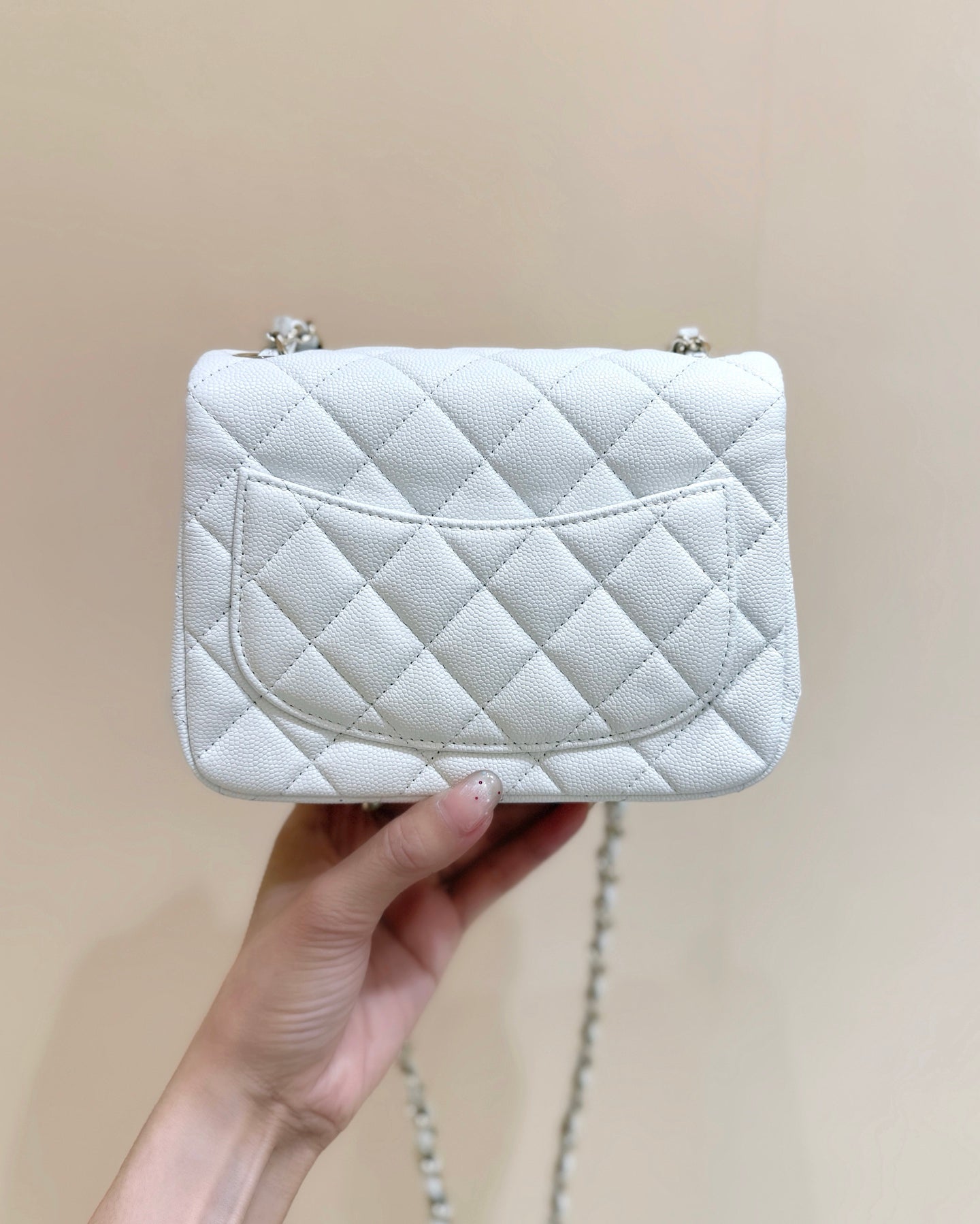 CHANEL 25S MINI SQUARE FLAP BAG 17 IN WHITE CALFSKIN CAVIAR GOLD HARDWARE