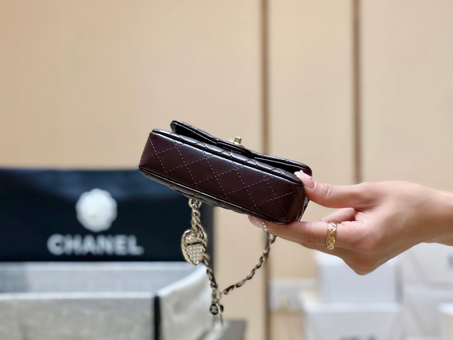 CHANEL 25S FLAP CHARM BAG 13 IN CHOCOLATE BROWN LAMBSKIN