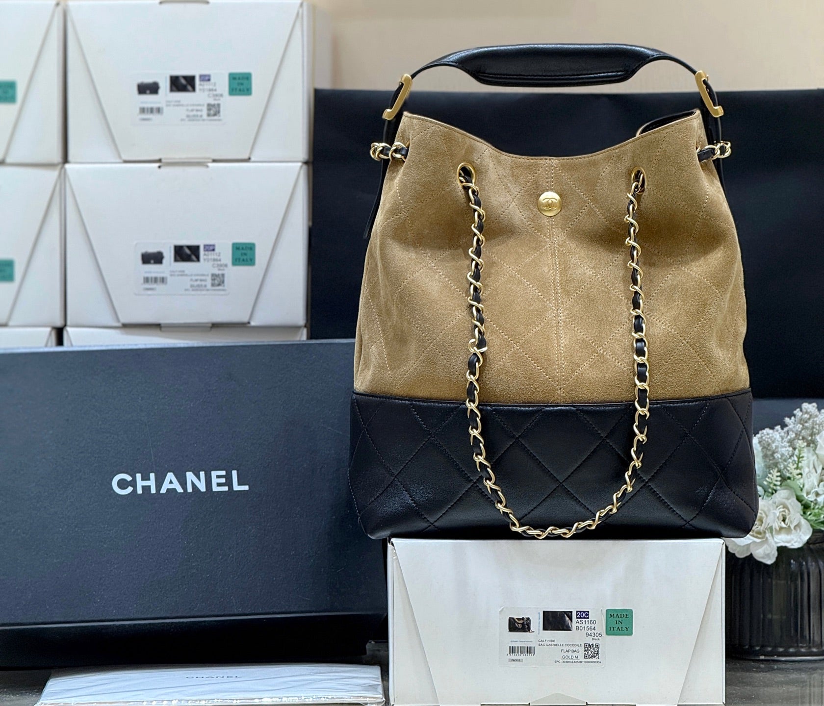 CHANEL 25S SHOPPING BAG 33 IN BROWN AND BLACK SUEDE CALFSKIN