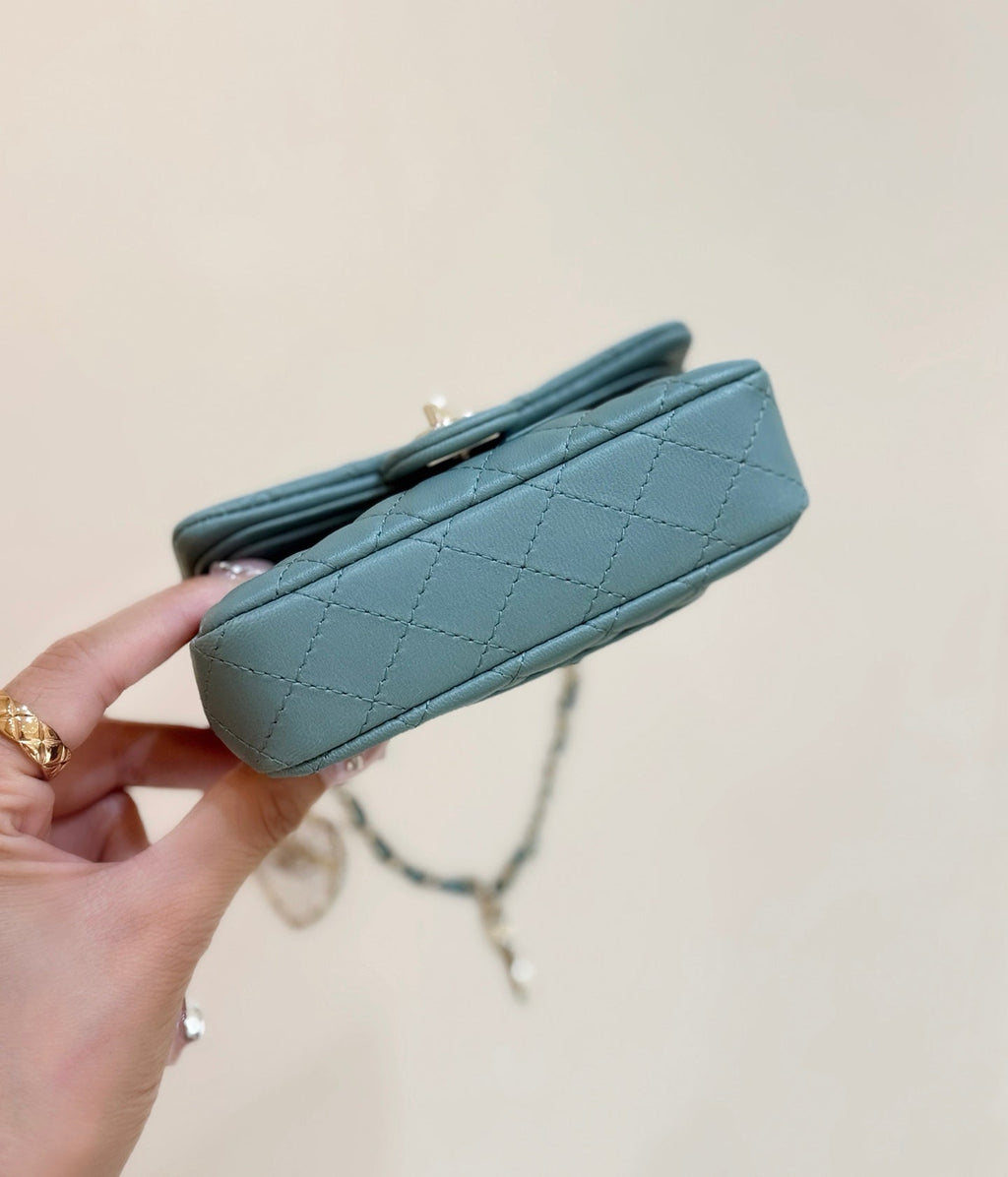 25S CHANEL MINI CF BAG 12 IN MUTED TEAL LAMBSKIN HEART MODEL