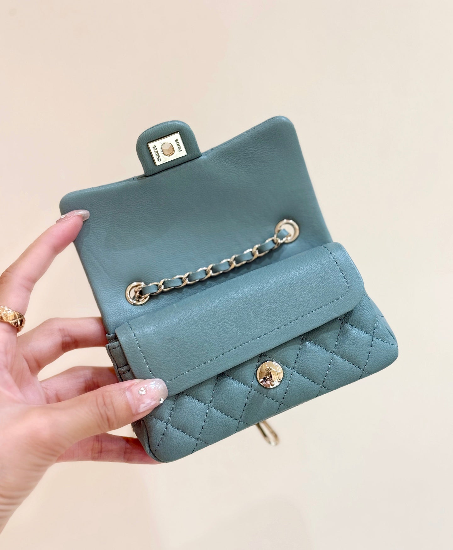 25S CHANEL MINI CF BAG 12 IN MUTED TEAL LAMBSKIN HEART MODEL