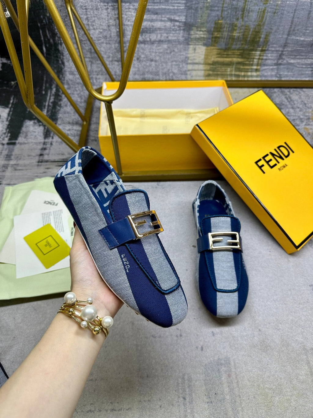 FENDI BAGUETTE LOAFERS IN AZURE BLUE CANVAS GOLD HARDWARE