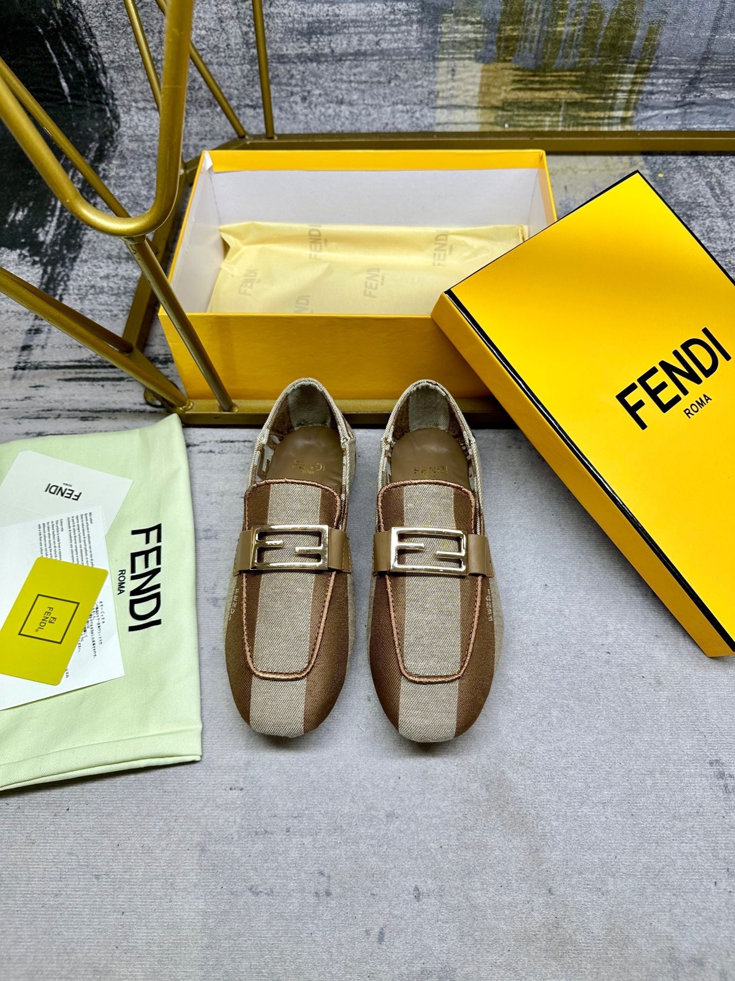 FENDI BAGUETTE LOAFERS IN BEIGE MIX BROWN CANVAS GOLD HARDWARE