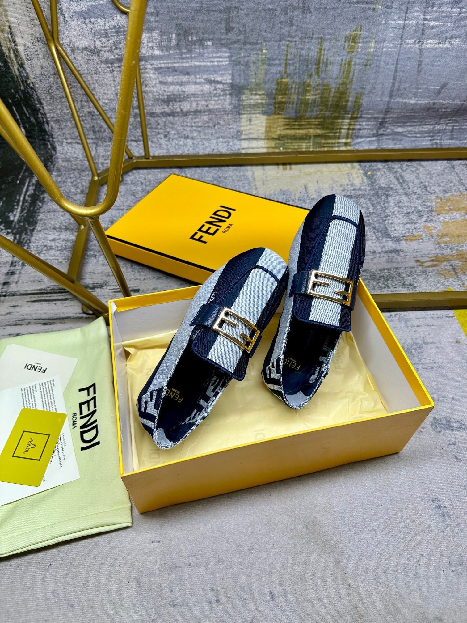 FENDI BAGUETTE LOAFERS IN NAVY BLUE MIX WHITE CANVAS GOLD HARDWARE