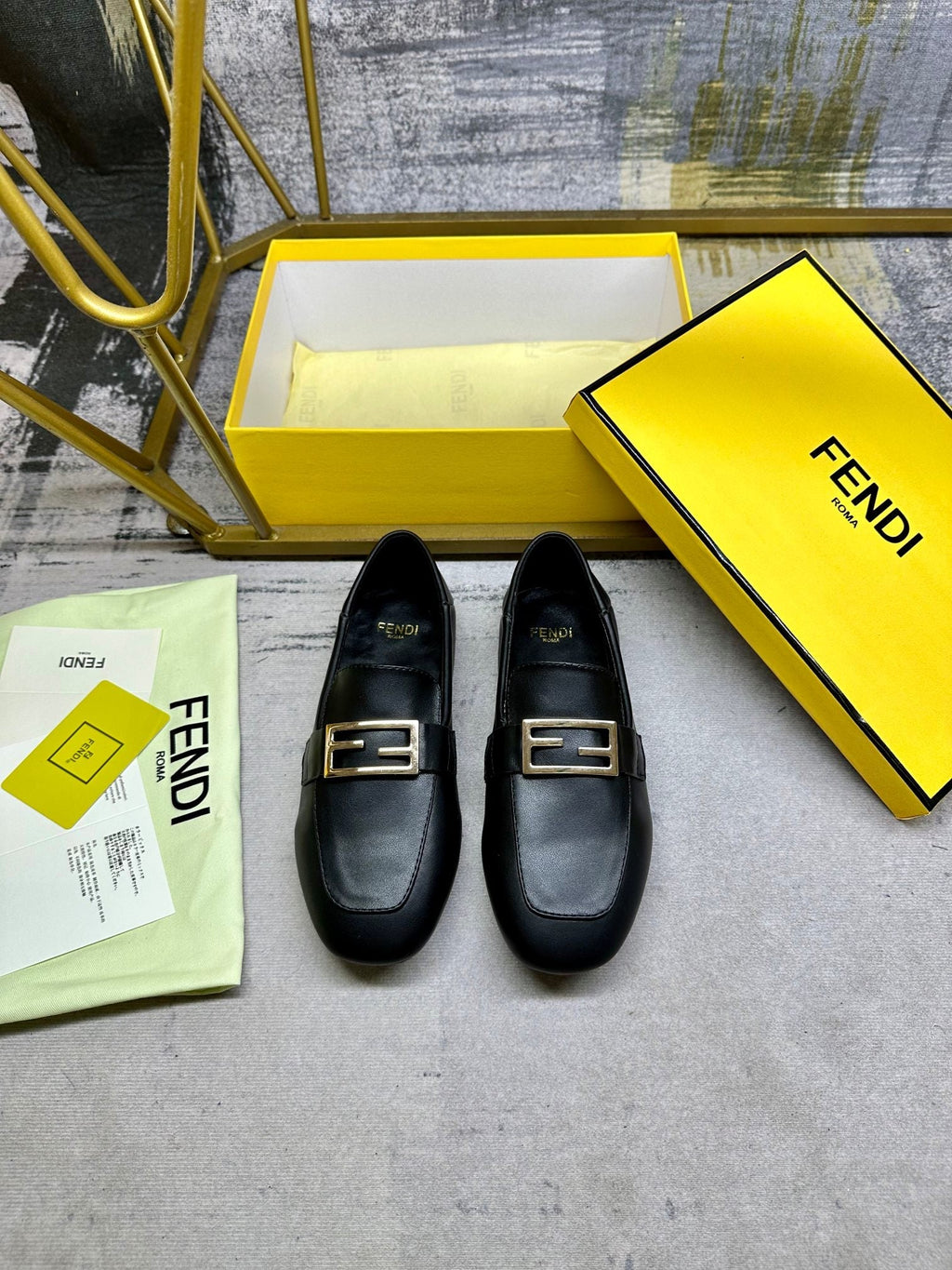 FENDI LOAFERS IN BLACK LAMBSKIN GOLD BUCKLE