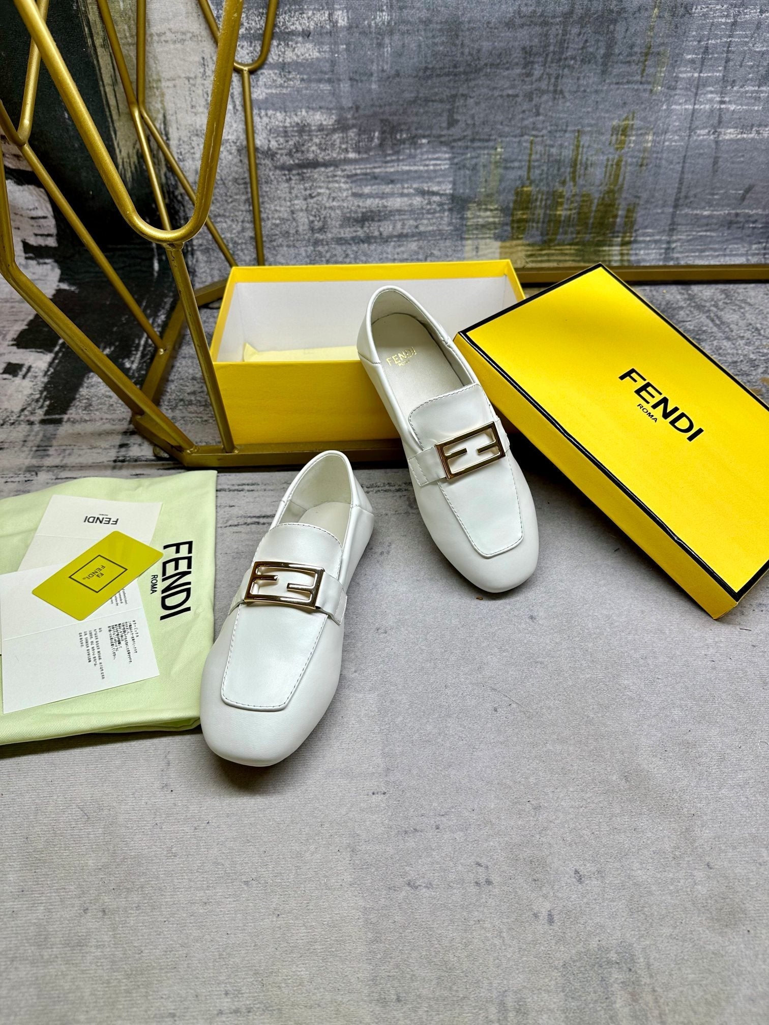 FENDI LOAFERS IN WHITE LAMBSKIN GOLD BUCKLE