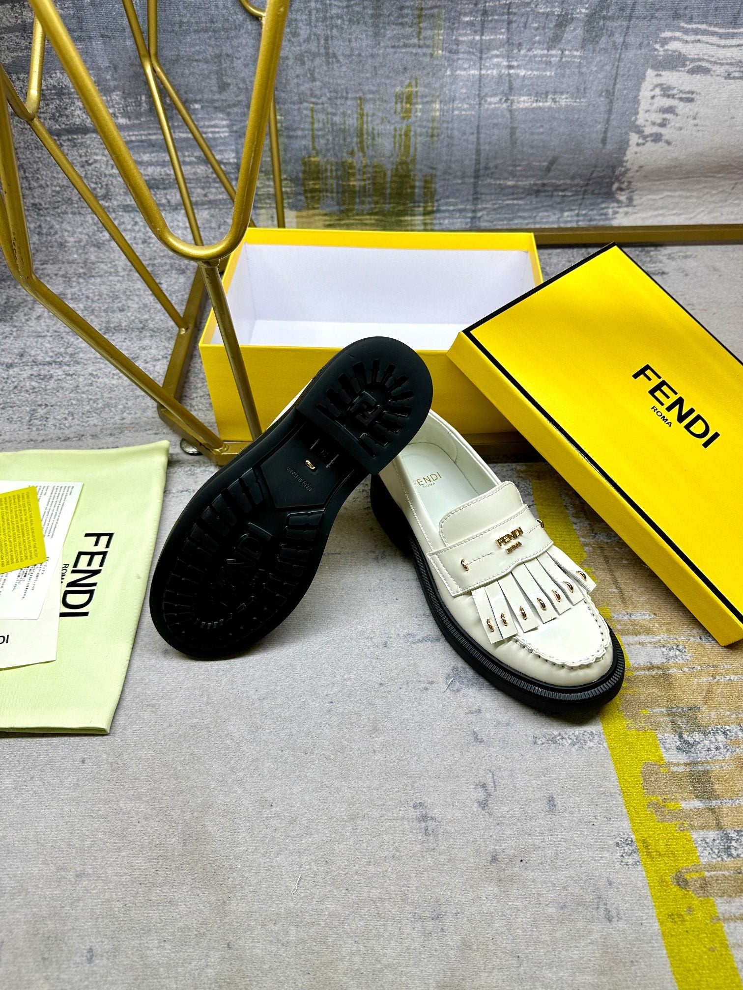 FENDI BAGUETTE LOAFERS IN WHITE CALFSKIN WITH GOLD HARDWARE