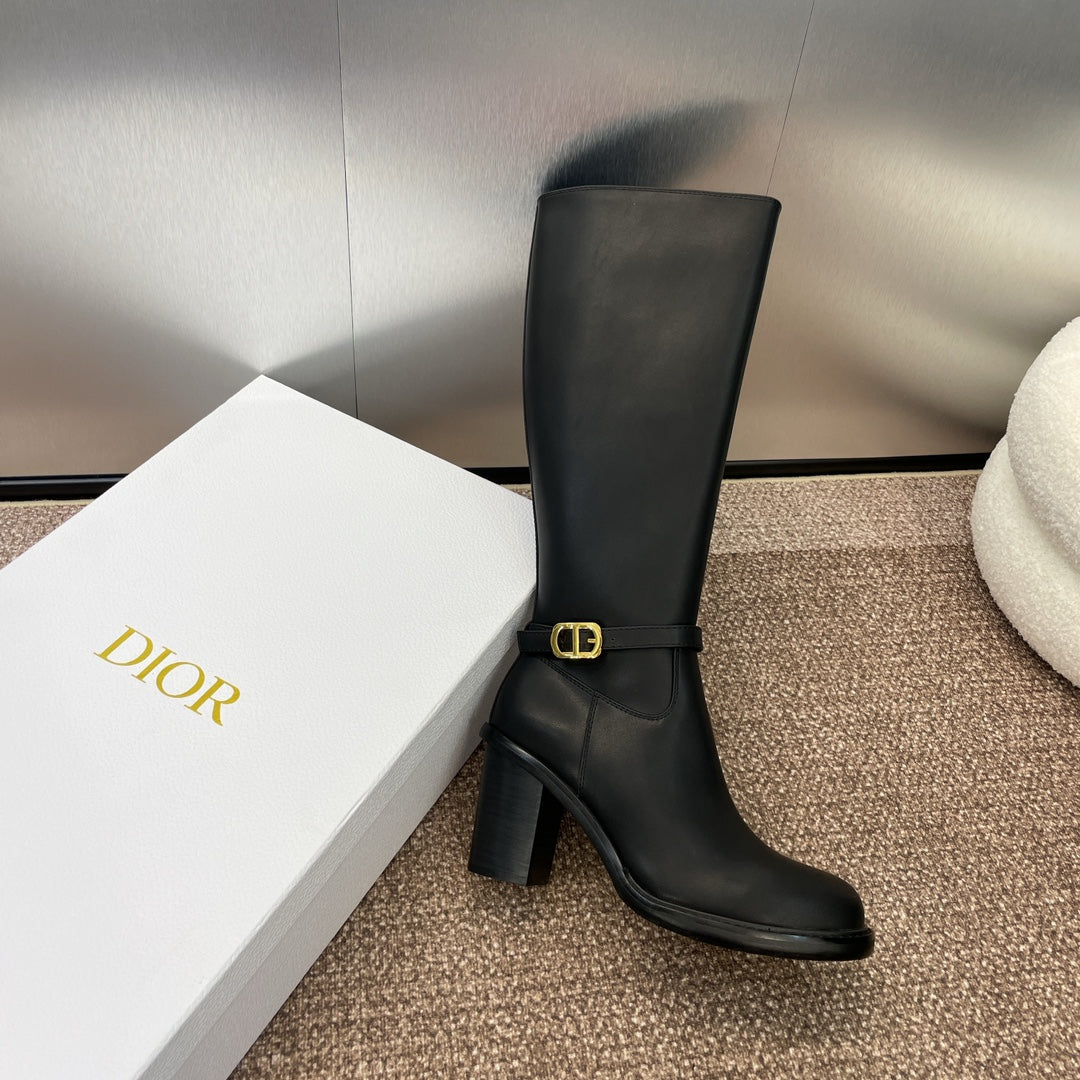 DIOR 25S MONTAIGNE TALL BOOTS 70MM IN BLACK CALFSKIN